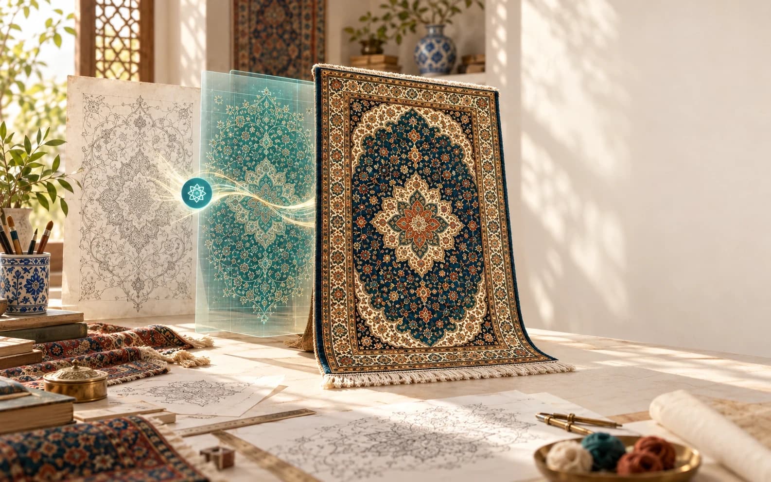 Carpet design with AI in Technofarsh: a pencil carpet map turned into a finished, weavable design